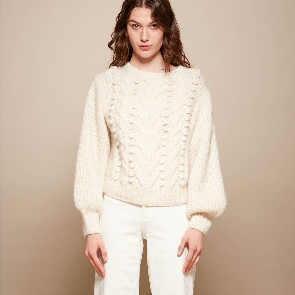 A LOVES A Fuzzy Pompom Ribbed Cable Knit Cream Sweater Large